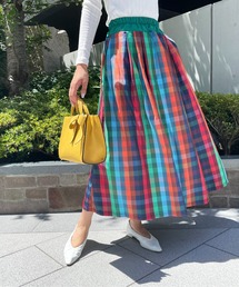 チェックロングギャザーフレアスカート