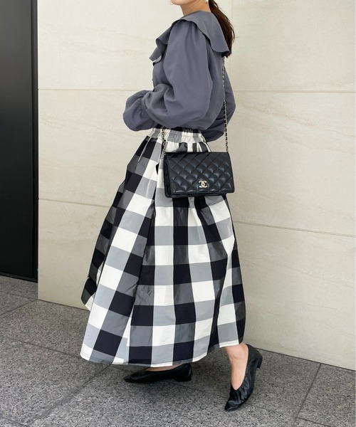 チェックロングギャザーフレアスカート（スカート）｜StyleSea