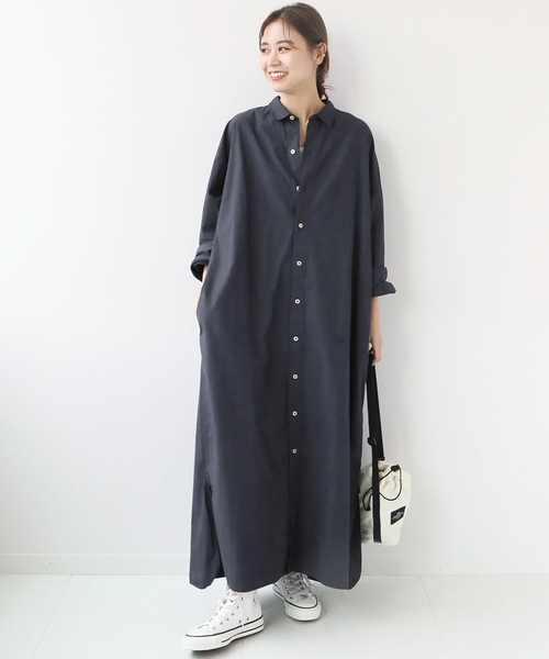 ARMEN(アーメン)の「■【ARMEN/アーメン】POPLIN REGULAR COLLAR MAXI OP:別注ワンピース(シャツワンピース・レディース・チャコールグレー/ネイビー・FREE)」の3枚目の写真