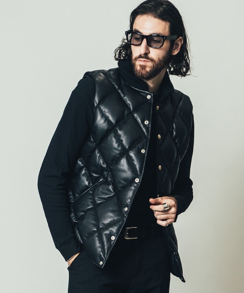 エディション 肉厚レザーダウンベスト ブラックラム　レザー　ダウンベスト　羊革 LEATHER DOWN VEST color: BLACK ラムレザーのダウンベスト