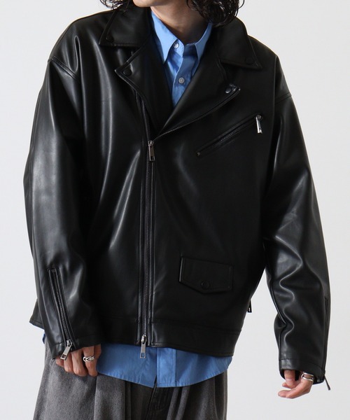 SUGGESTION(サジェッション)の「Big silhouette fake leather short jacket / ビッグシルエットフェイクレザー Wライダース PUブルゾンジャケット unisex(ライダースジャケット・メンズ・ブラック・M/L)」の17枚目の写真