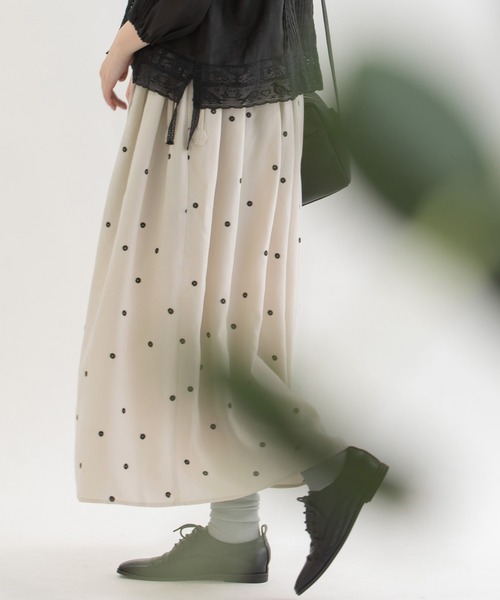 リネンレーヨン裾パネルポルカタックスカート
