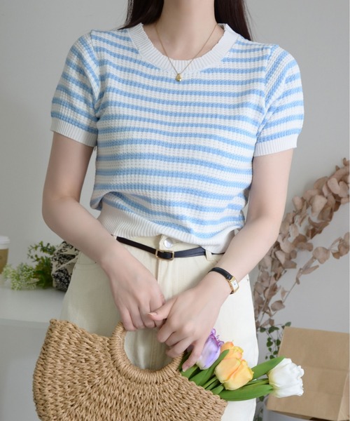ibeul_(イベール)の「ワッフルボーダー半袖ニットトップス(Tシャツ/カットソー・レディース・ブラック/グリーン/ブルー/マルチ・F)」の3枚目の写真