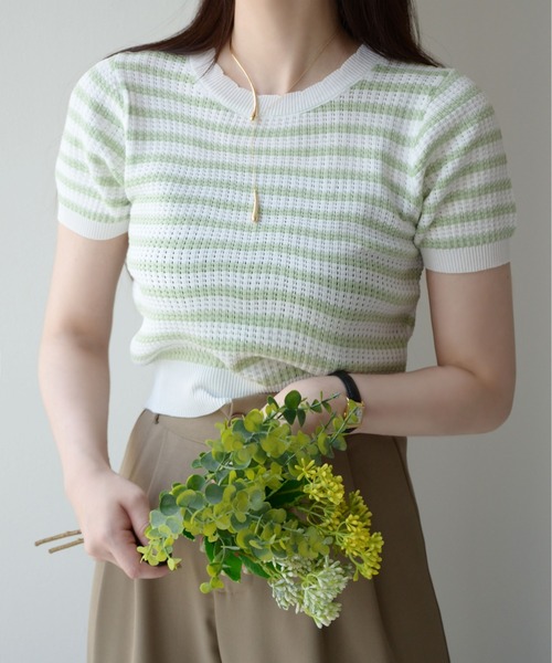 ibeul_(イベール)の「ワッフルボーダー半袖ニットトップス(Tシャツ/カットソー・レディース・ブラック/グリーン/ブルー/マルチ・F)」の2枚目の写真