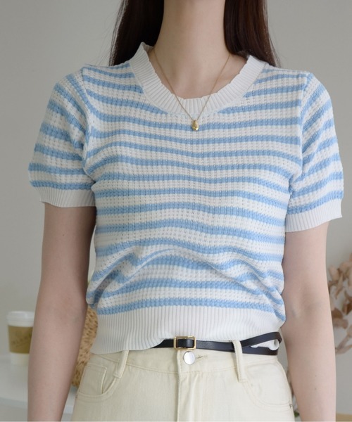 ibeul_(イベール)の「ワッフルボーダー半袖ニットトップス(Tシャツ/カットソー・レディース・ブラック/グリーン/ブルー/マルチ・F)」の9枚目の写真