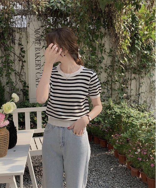 ibeul_(イベール)の「ワッフルボーダー半袖ニットトップス(Tシャツ/カットソー・レディース・ブラック/グリーン/ブルー/マルチ・F)」の10枚目の写真