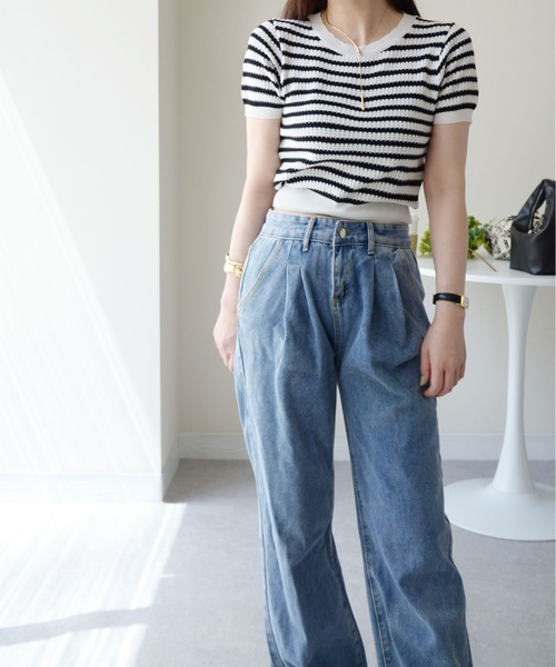 ibeul_(イベール)の「ワッフルボーダー半袖ニットトップス(Tシャツ/カットソー・レディース・ブラック/グリーン/ブルー/マルチ・F)」の12枚目の写真
