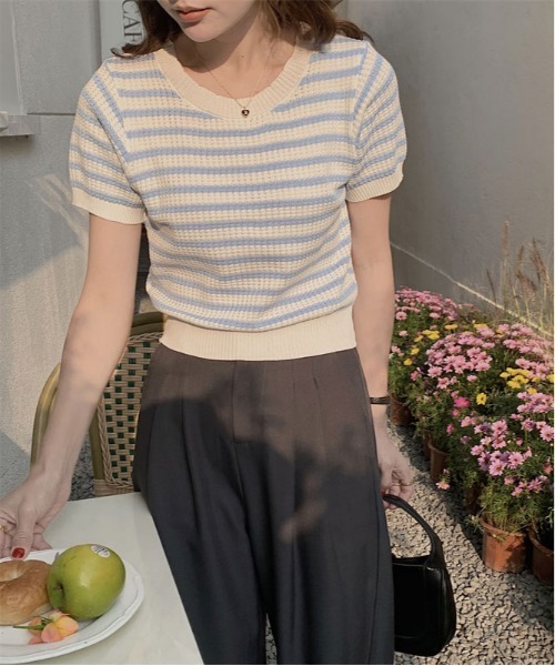 ibeul_(イベール)の「ワッフルボーダー半袖ニットトップス(Tシャツ/カットソー・レディース・ブラック/グリーン/ブルー/マルチ・F)」の16枚目の写真