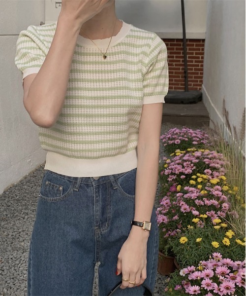 ibeul_(イベール)の「ワッフルボーダー半袖ニットトップス(Tシャツ/カットソー・レディース・ブラック/グリーン/ブルー/マルチ・F)」の18枚目の写真