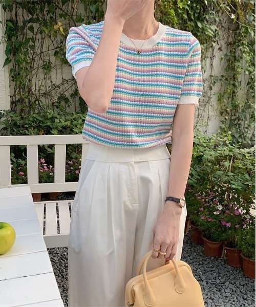 ibeul_(イベール)の「ワッフルボーダー半袖ニットトップス(Tシャツ/カットソー・レディース・ブラック/グリーン/ブルー/マルチ・F)」の20枚目の写真