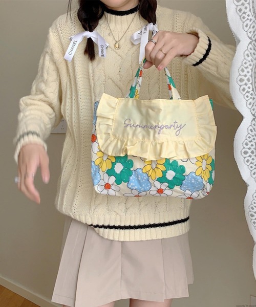 Liaa/花柄 ボーダー ラメ フリルトートバッグ A18048（トート