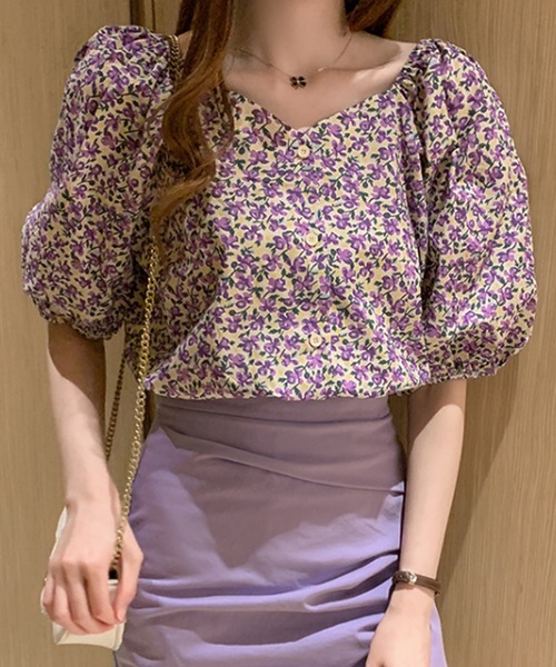 Amulet(アミュレット)の「五分丈花柄ブラウス(シャツ/ブラウス・レディース・パープル/イエロー・L/XL/M)」の4枚目の写真