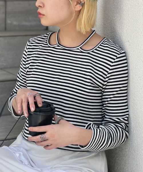 CIAOPANIC（チャオパニック）の「ホルターネックワッフルボーダーロンT（Tシャツ/カットソー・レディース・ブラック/ブラウン/オレンジ・FREE）」の8枚目の写真