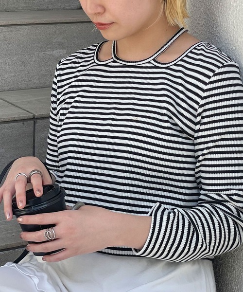 CIAOPANIC（チャオパニック）の「ホルターネックワッフルボーダーロンT（Tシャツ/カットソー・レディース・ブラック/ブラウン/オレンジ・FREE）」の10枚目の写真