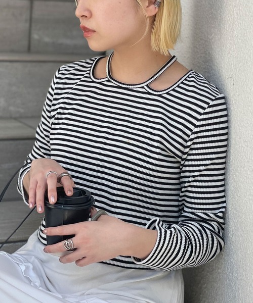 CIAOPANIC（チャオパニック）の「ホルターネックワッフルボーダーロンT（Tシャツ/カットソー・レディース・ブラック/ブラウン/オレンジ・FREE）」の11枚目の写真