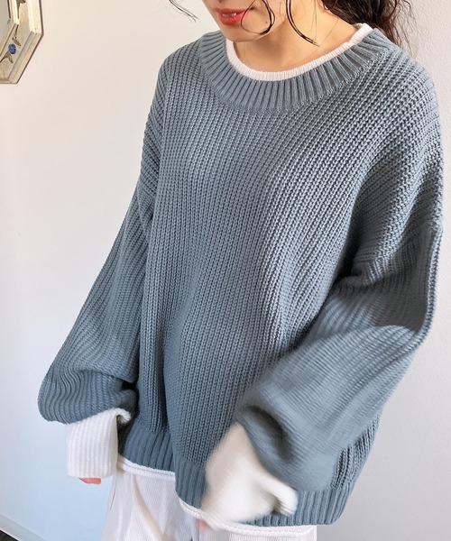 AS KNOW AS plus（アズノゥアズプラス）の「☆重ね着風バイカラーニットプルオーバー（ニット/セーター・レディース・チャコールグレー/イエロー/ブルー/グリーン/グレイッシュベージュ/ライトグリーン/ミント・FREE）」の7枚目の写真