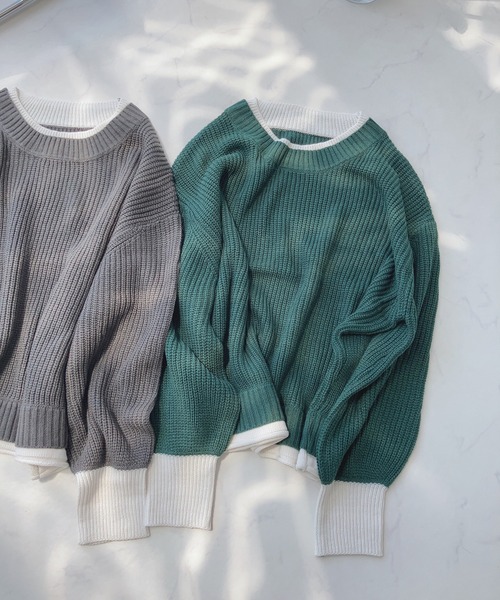 AS KNOW AS plus（アズノゥアズプラス）の「☆重ね着風バイカラーニットプルオーバー（ニット/セーター・レディース・チャコールグレー/イエロー/ブルー/グリーン/グレイッシュベージュ/ライトグリーン/ミント・FREE）」の4枚目の写真