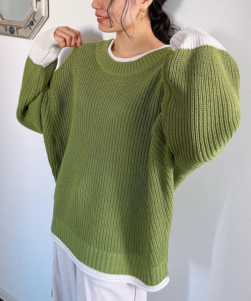 AS KNOW AS plus（アズノゥアズプラス）の「☆重ね着風バイカラーニットプルオーバー（ニット/セーター・レディース・チャコールグレー/イエロー/ブルー/グリーン/グレイッシュベージュ/ライトグリーン/ミント・FREE）」の5枚目の写真