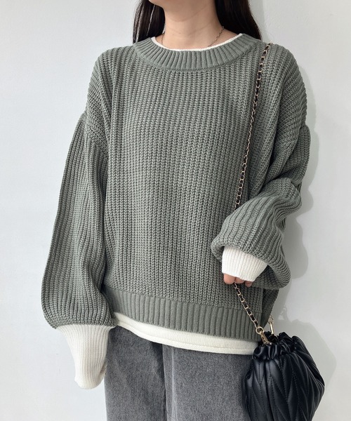 AS KNOW AS plus（アズノゥアズプラス）の「☆重ね着風バイカラーニットプルオーバー（ニット/セーター・レディース・チャコールグレー/イエロー/ブルー/グリーン/グレイッシュベージュ/ライトグリーン/ミント・FREE）」の6枚目の写真