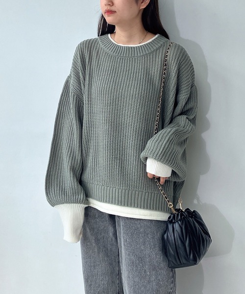 AS KNOW AS plus（アズノゥアズプラス）の「☆重ね着風バイカラーニットプルオーバー（ニット/セーター・レディース・チャコールグレー/イエロー/ブルー/グリーン/グレイッシュベージュ/ライトグリーン/ミント・FREE）」の14枚目の写真