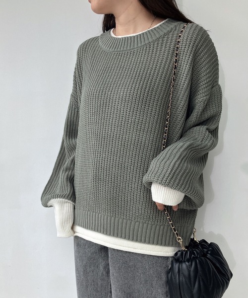 AS KNOW AS plus（アズノゥアズプラス）の「☆重ね着風バイカラーニットプルオーバー（ニット/セーター・レディース・チャコールグレー/イエロー/ブルー/グリーン/グレイッシュベージュ/ライトグリーン/ミント・FREE）」の15枚目の写真