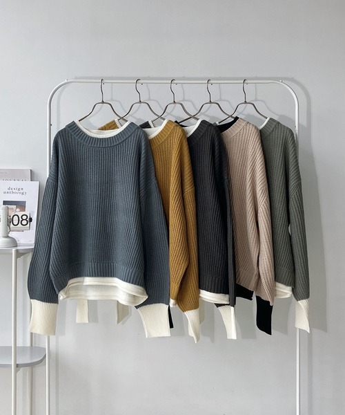 セール】☆重ね着風バイカラーニットプルオーバー（ニット/セーター