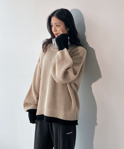 AS KNOW AS plus（アズノゥアズプラス）の「☆重ね着風バイカラーニットプルオーバー（ニット/セーター・レディース・チャコールグレー/イエロー/ブルー/グリーン/グレイッシュベージュ/ライトグリーン/ミント・FREE）」の11枚目の写真