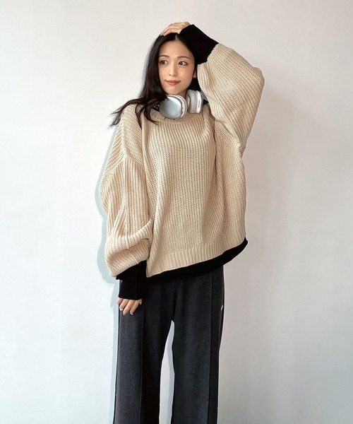 AS KNOW AS plus（アズノゥアズプラス）の「☆重ね着風バイカラーニットプルオーバー（ニット/セーター・レディース・チャコールグレー/イエロー/ブルー/グリーン/グレイッシュベージュ/ライトグリーン/ミント・FREE）」の8枚目の写真