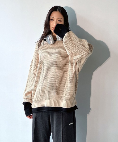 AS KNOW AS plus（アズノゥアズプラス）の「☆重ね着風バイカラーニットプルオーバー（ニット/セーター・レディース・チャコールグレー/イエロー/ブルー/グリーン/グレイッシュベージュ/ライトグリーン/ミント・FREE）」の10枚目の写真