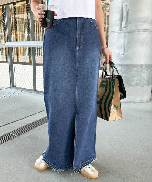 セール】デニムツイル前スリットロングタイトスカート（スカート