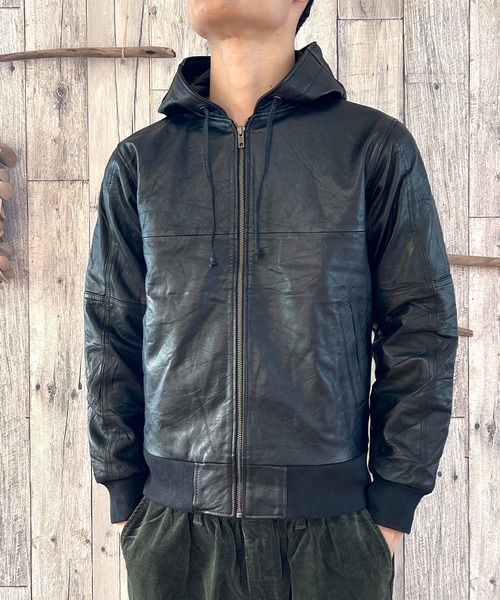セール】ライダースジャケット 革ジャン パーカー フード レザー