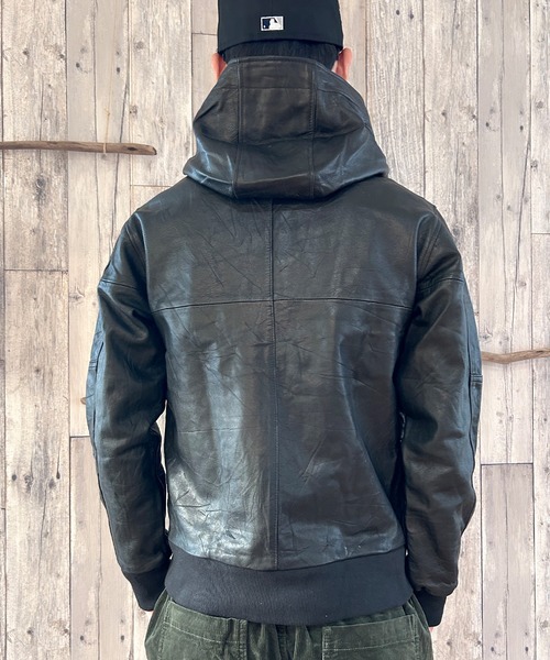 FUGA　コーティングダブルライダースパーカー フード付き 5分丈　激レア セール】ライダースジャケット 革ジャン パーカー フード レザー