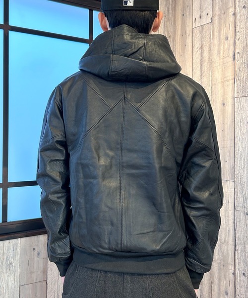 セール】ライダースジャケット 革ジャン パーカー フード レザー