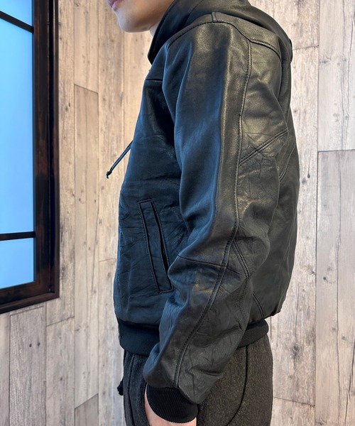 セール】ライダースジャケット 革ジャン パーカー フード レザー