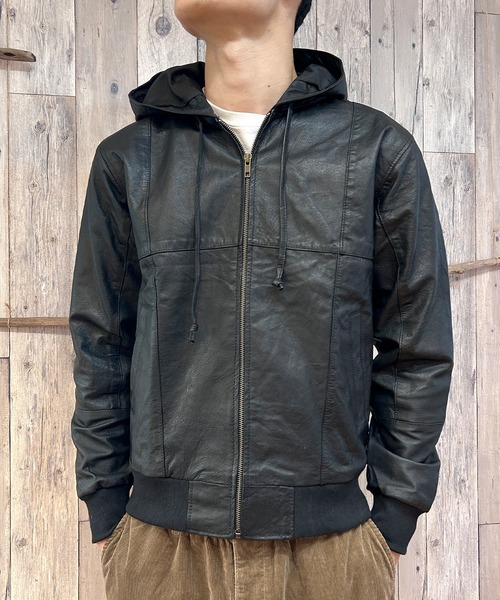 セール】ライダースジャケット 革ジャン パーカー フード レザー