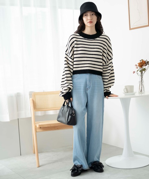 WEGO（ウィゴー）の「WEGO/ボーダーショートニットプルオーバー（ニット/セーター・レディース・グリーン系その他5/ホワイト系その他5/ブルー系その他5・FREE）」の4枚目の写真