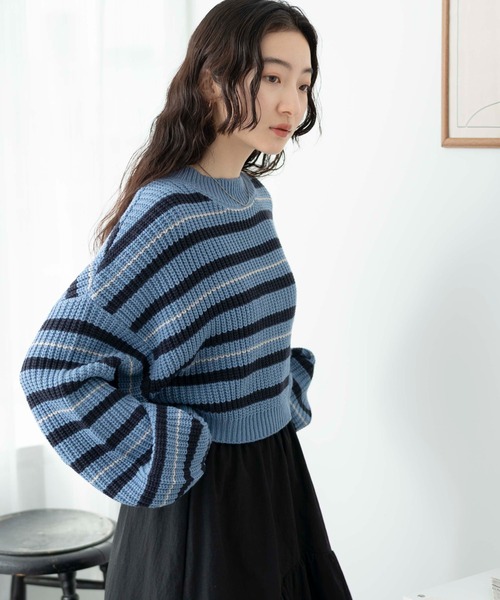 WEGO（ウィゴー）の「WEGO/ボーダーショートニットプルオーバー（ニット/セーター・レディース・グリーン系その他5/ホワイト系その他5/ブルー系その他5・FREE）」の20枚目の写真