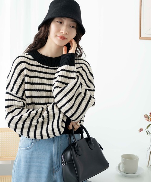 WEGO（ウィゴー）の「WEGO/ボーダーショートニットプルオーバー（ニット/セーター・レディース・グリーン系その他5/ホワイト系その他5/ブルー系その他5・FREE）」の10枚目の写真