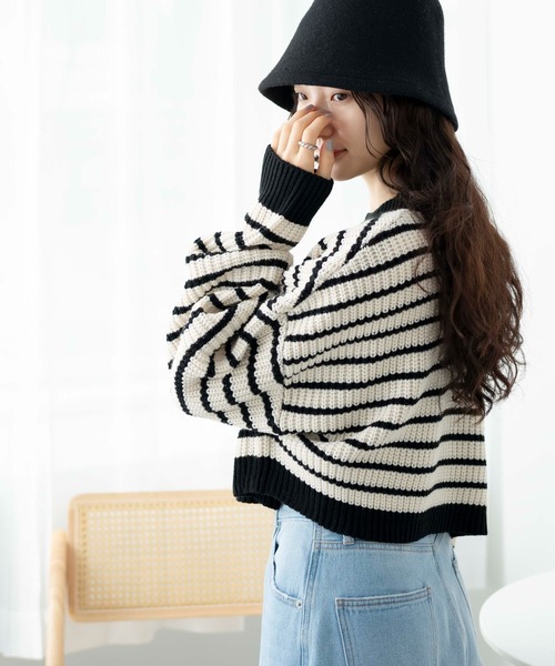 WEGO（ウィゴー）の「WEGO/ボーダーショートニットプルオーバー（ニット/セーター・レディース・グリーン系その他5/ホワイト系その他5/ブルー系その他5・FREE）」の11枚目の写真