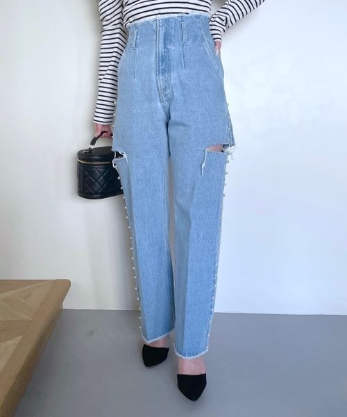 mysty woman（ミスティウーマン）の「サイドスリットパールデニム 996922（デニムパンツ・レディース・ブルー・FREE）」の7枚目の写真