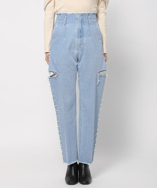 mysty woman（ミスティウーマン）の「サイドスリットパールデニム 996922（デニムパンツ・レディース・ブルー・FREE）」の8枚目の写真