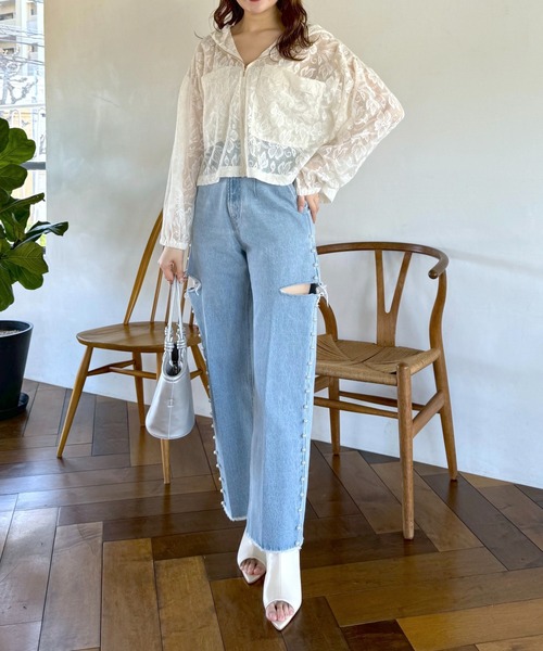 mysty woman（ミスティウーマン）の「サイドスリットパールデニム 996922（デニムパンツ・レディース・ブルー・FREE）」の21枚目の写真