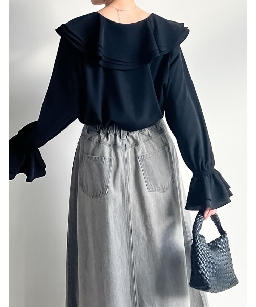 Re:EDIT（リエディ）の「ビッグフリルカラーキャンディースリーブブラウス（シャツ/ブラウス・レディース・ホワイト/ベージュ/ブラック/ブルー・MEDIUM/LARGE）」の8枚目の写真