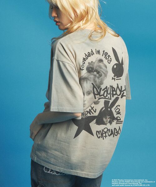 PLAYBOY(プレイボーイ)の「【SEQUENZ(シークエンズ)】PB VINTAGE COLLAGE S/S TEE / PLAYBOY×Sequenz 90s Tシャツ スプレーブリーチ加工 グラフィック コラージュ 半袖(Tシャツ/カットソー・メンズ・ダークブラウン/ブラック/ライトグレー・X-LARGE/MEDIUM/LARGE)」の1枚目の写真