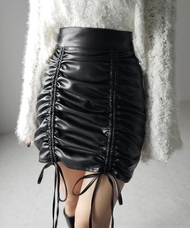 me+em select(~[ZNg)́y Cpnt z Xgbv_u{tFCNU[V[O~jXJ[g ^ strap double ribbon fake leather shirring mini skirt(XJ[g)