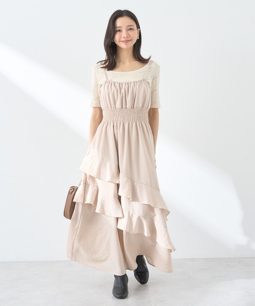 earth music&ecology（アースミュージックアンドエコロジー）の「ラッフルティアードキャミワンピース（ワンピース・レディース・ピンク/ベージュ/ブラック・FREE）」の5枚目の写真