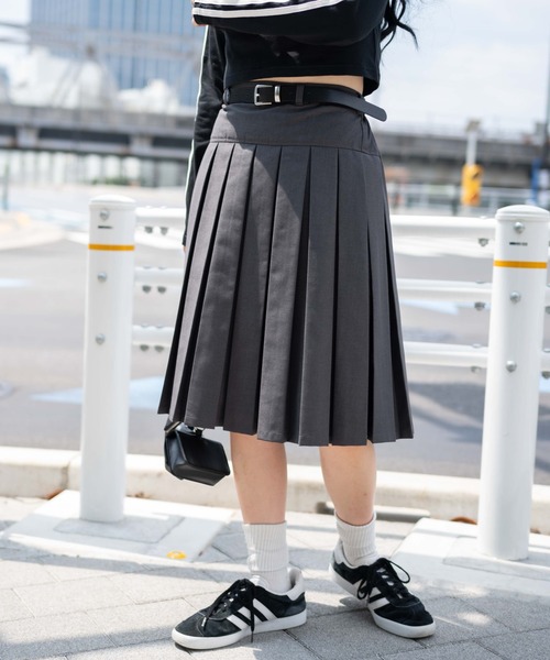 WEGO（ウィゴー）の「WEGO/ベルト付プリーツミドルスカート（スカート・レディース・ブルー系その他2/杢グレー/ブラック系その他2/ブラック・FREE）」の3枚目の写真