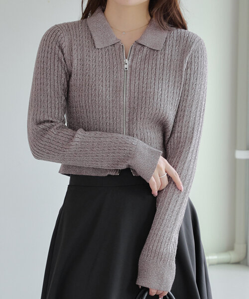 continuer de NICE CLAUP（コンティニューデナイスクラップ）の「ラメケーブルWジップカーデ（ニット/セーター・レディース・ピンク/ブラック/アイボリー/モカ・FREE）」の13枚目の写真