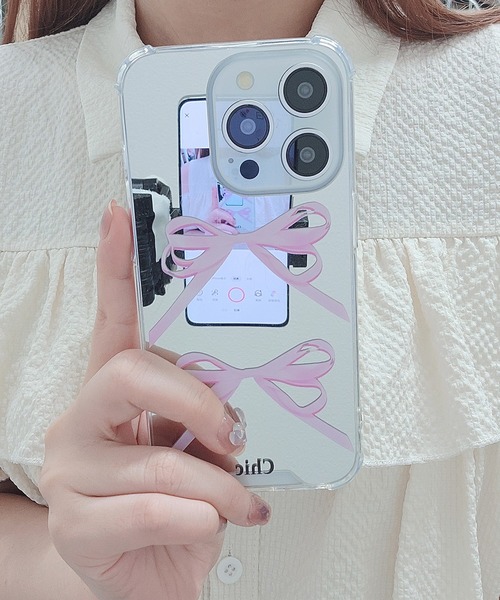 セール】ピンク リボン ミラー iPhone ケース（スマホケース/カバー