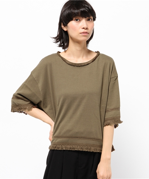 OUTLET（アウトレット）の「【mystic】ハシゴレースフリンジTシャツ（Tシャツ/カットソー・レディース・オフホワイト/ネイビー/カーキ/ブラック・FREE）」の3枚目の写真